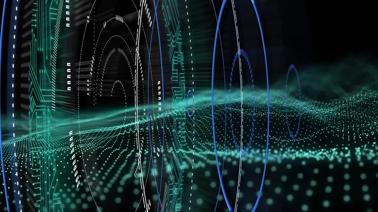 Digital animation of multiple round scanners over green digital wave against black background