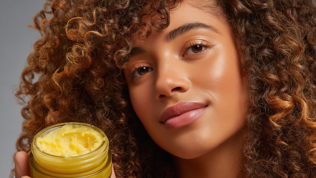 Embracing Natural Beauty: A Close-Up Portrait of a Young Woman Discovering the Rich Textures and Benefits of a Nourishing Hair Cream for Curly Hair