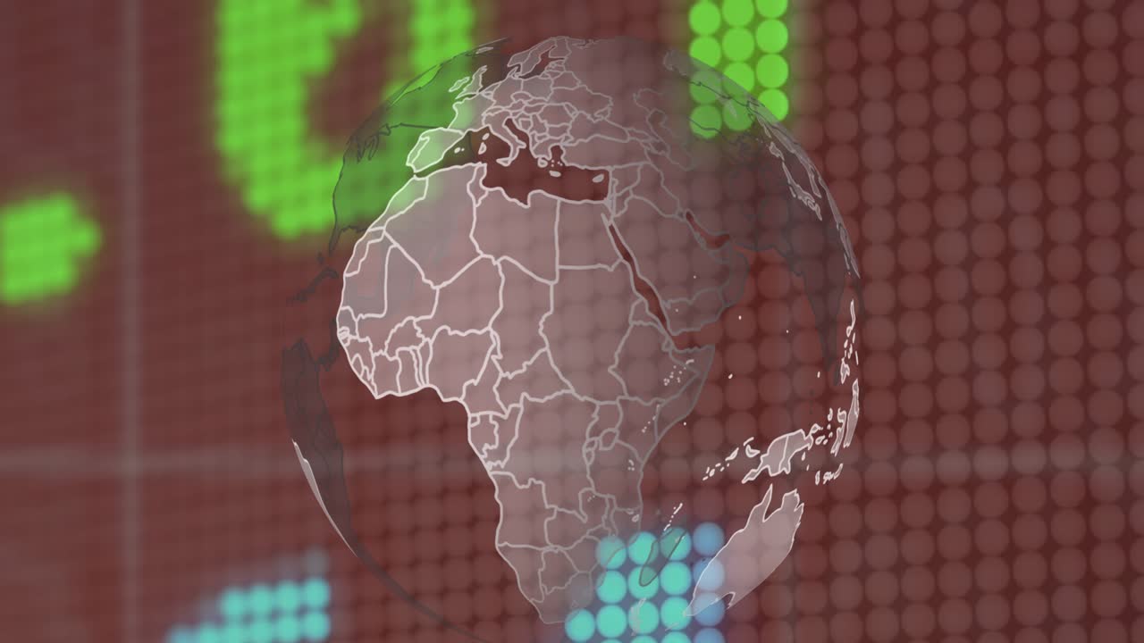 Animação de um globo e dados financeiros sobre um fundo marrom.