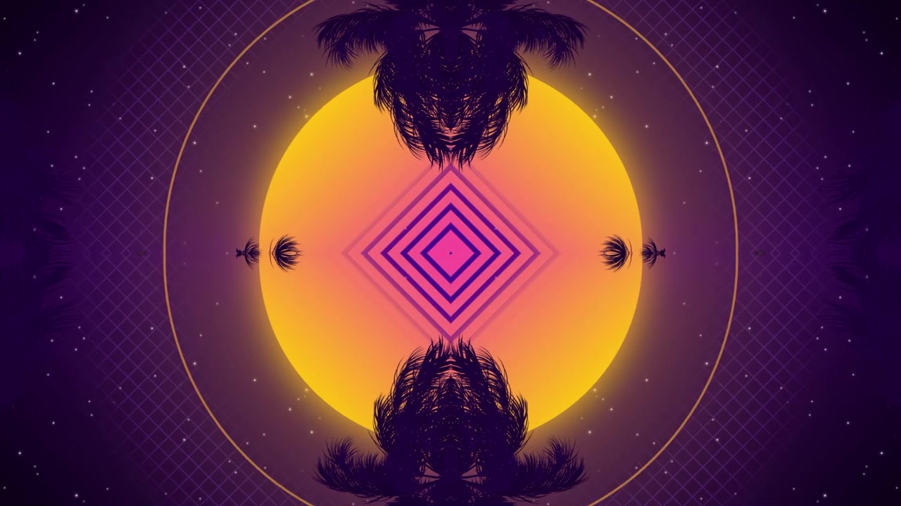 Sfondo Retro Synthwave con palme, sole e griglia