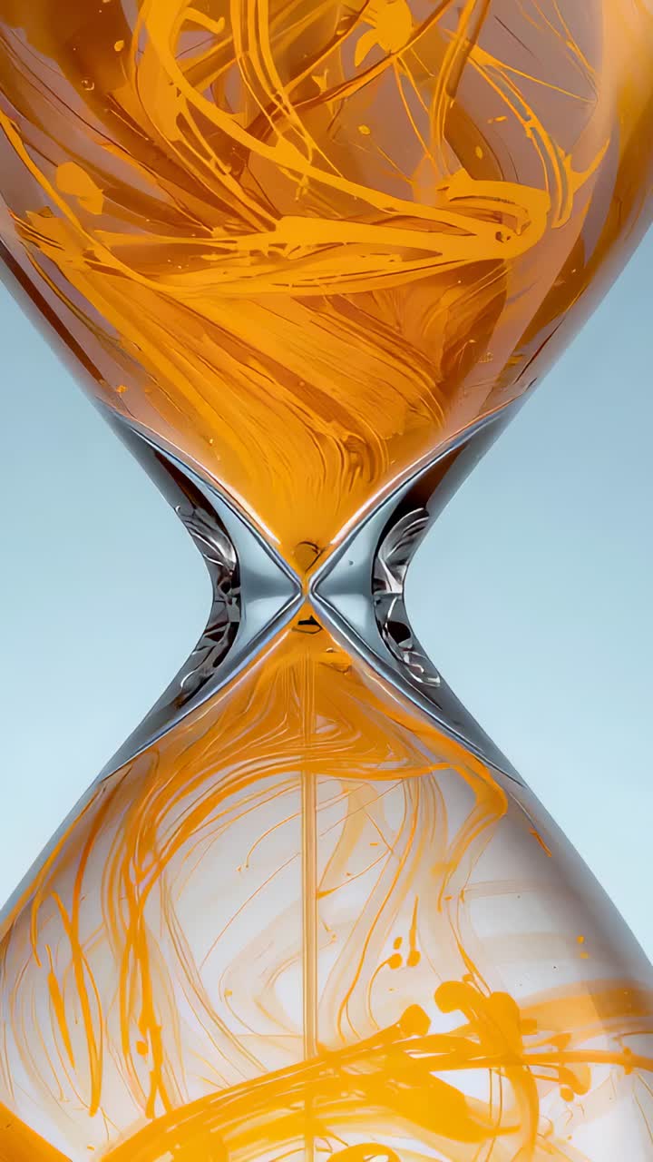 Vertical video: Gravity pulling orange liquid through metal neck, hourglass forming spirals, drops