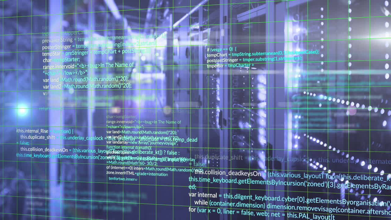Animation of programming languages and grid moving over data server rooms