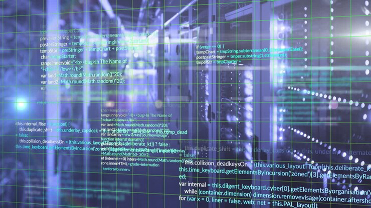 Animation of programming languages and grid moving over data server rooms