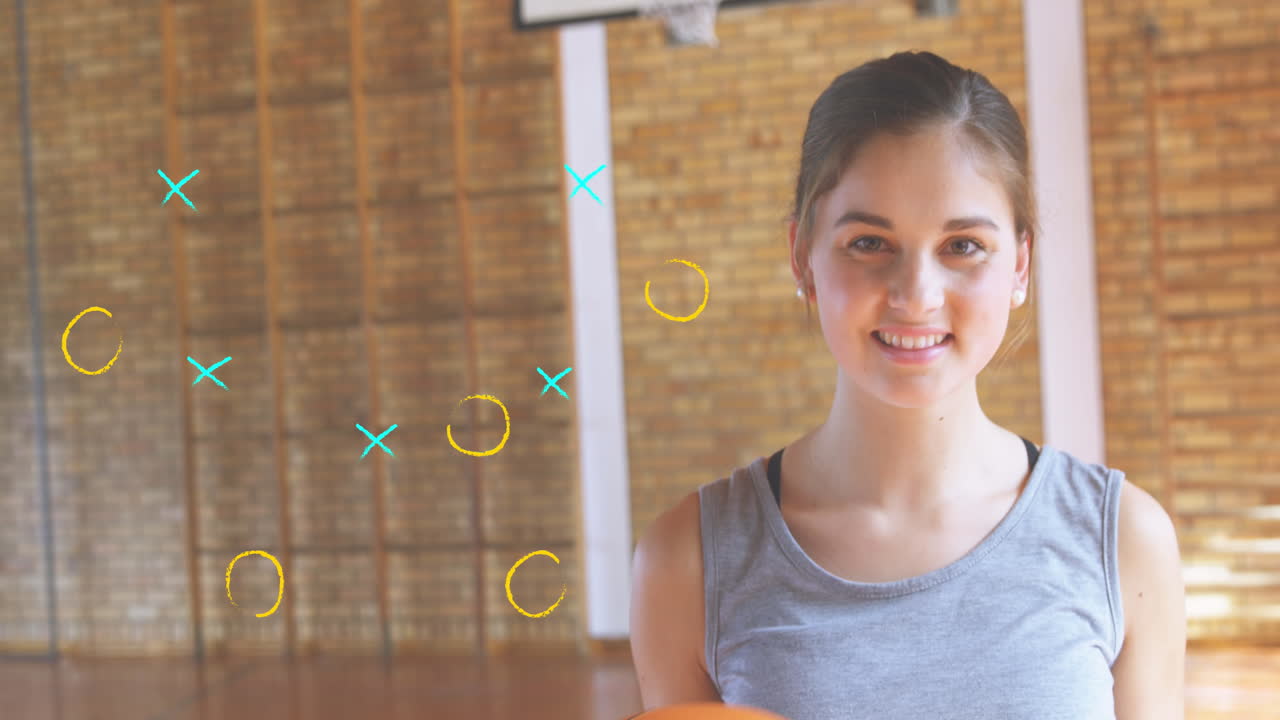 animación del dibujo del plan de juego sobre la jugadora de baloncesto caucásica