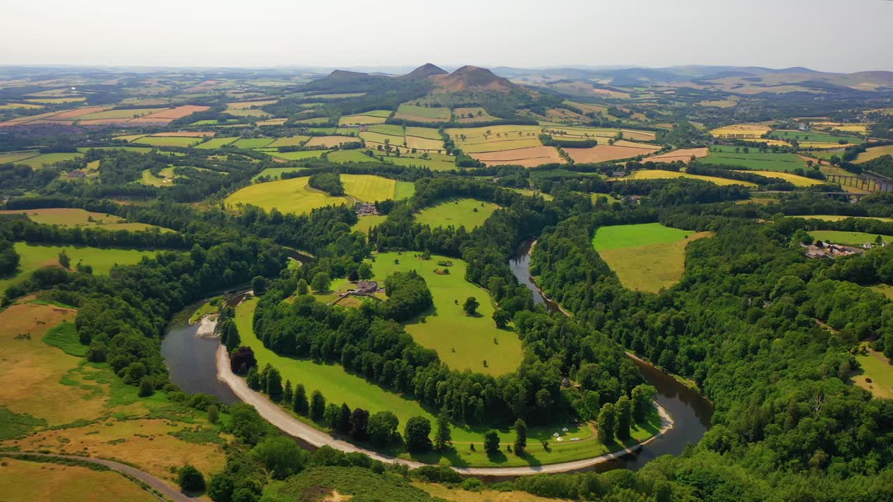 Aerial of Scott's View Overlooking The River Tweed Valley in Scottish Borders, Scotland