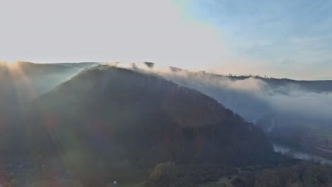 beautiful fog in a carpathian misty forest in a morning