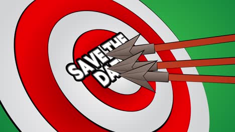 arrows hit the bull's eye with the text save the date. cartoon animation stock video.