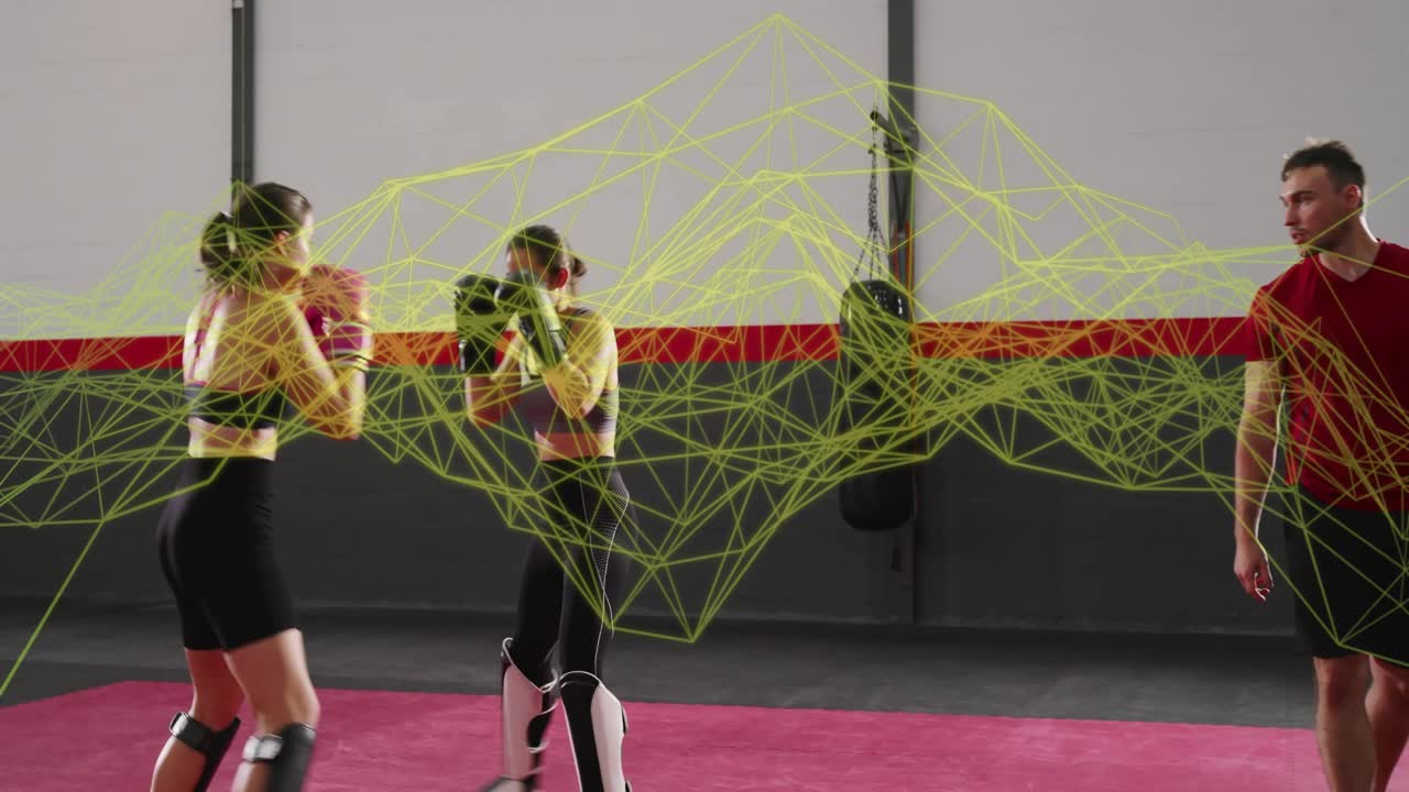 Two female training partners starting guard, trading strikes in boxing, motion lines tracing gloves