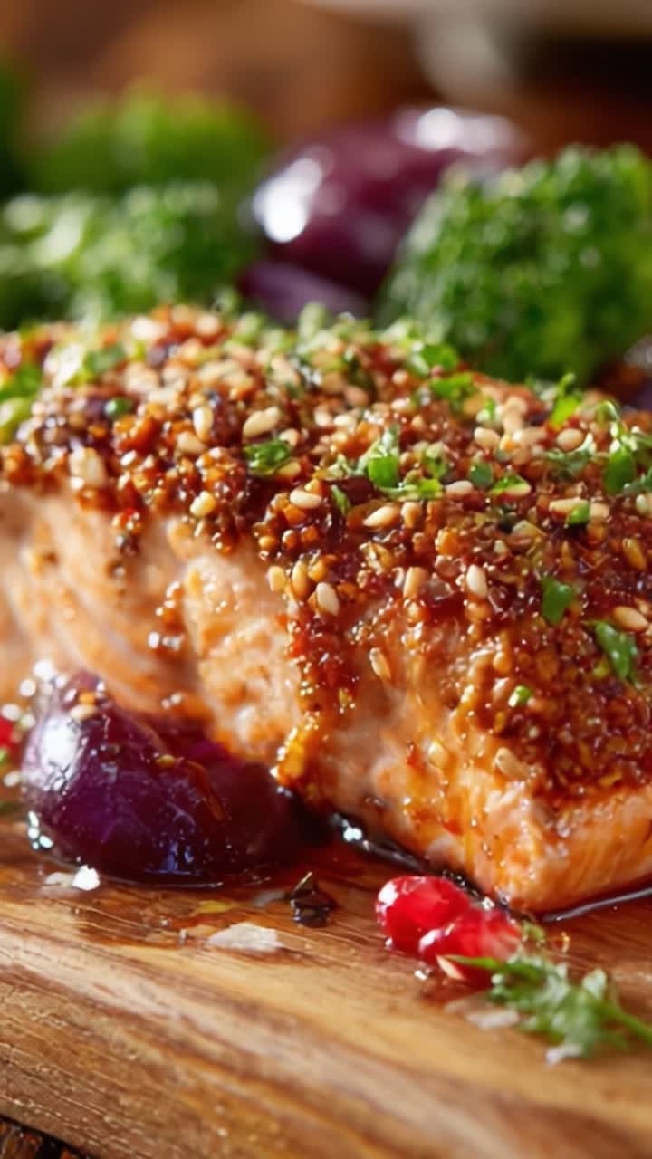 Köstliches glasiertes Lachsfilet, garniert mit Sesamkörnern und frischen Kräutern, serviert mit knackigem Brokkoli und roter Zwiebel für eine gesunde Mahlzeit