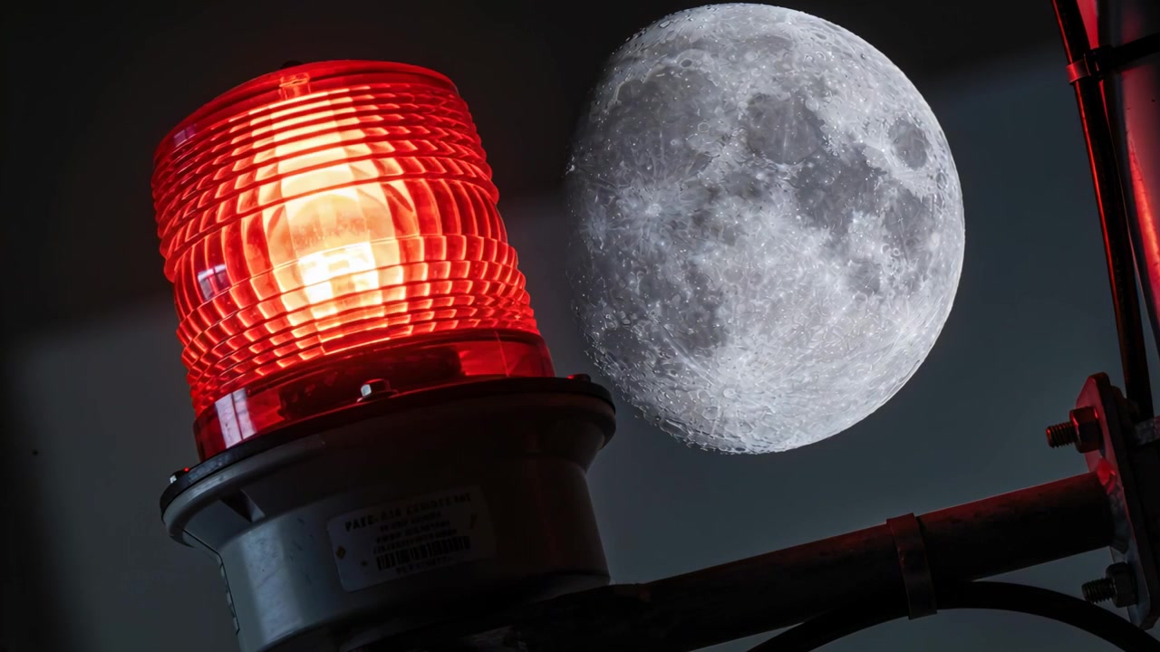 Pulsando após ser ligado, farol de obstrução vermelho girando em mastro de metal à noite, lua cheia