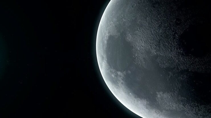 Lua realista, satélite do planeta Terra girando no espaço profundo. Fundo digital em loop contínuo. Animação 3D.