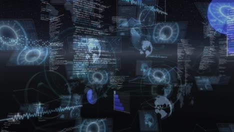 Animation-of-multiple-round-scanners-with-data-processing-and-network-of-digital-icons