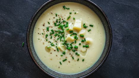 creamy potato soup with chives in dark rustic bowl