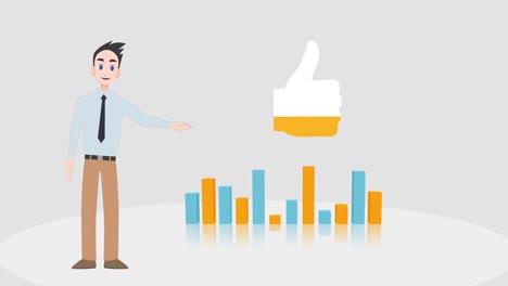 animation of caucasian businessman making presentation with graph on white background