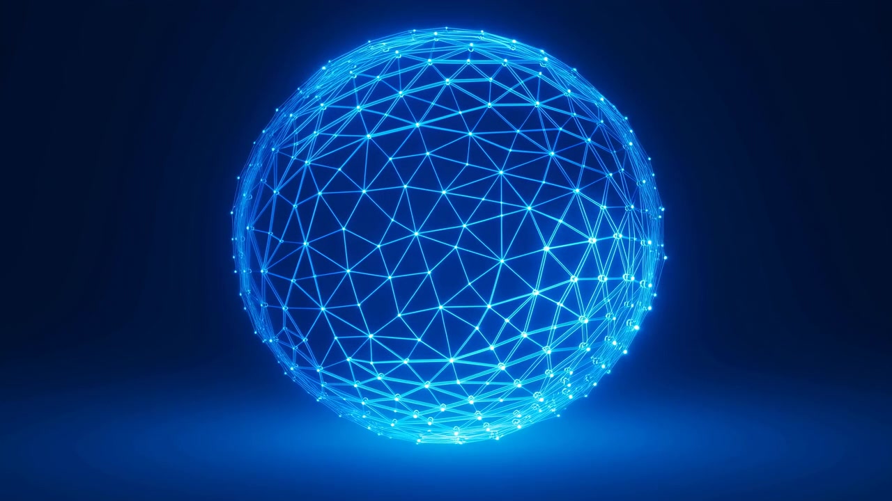 Bright blue network sphere made of wireframe lines and glowing nodes floats against a dark background, creating a futuristic abstract technology design