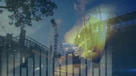 animación de estadísticas y procesamiento de datos sobre mujeres de negocios que usan teléfonos inteligentes