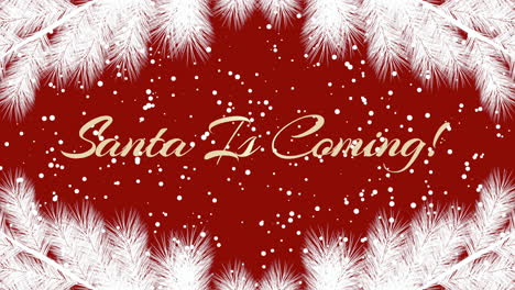 santa is coming with flying snow and christmas tree on red gradient