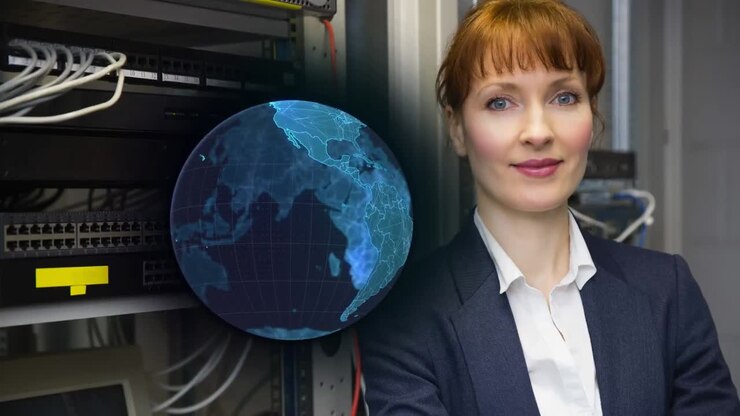 Animation of globe over caucasian woman in server room