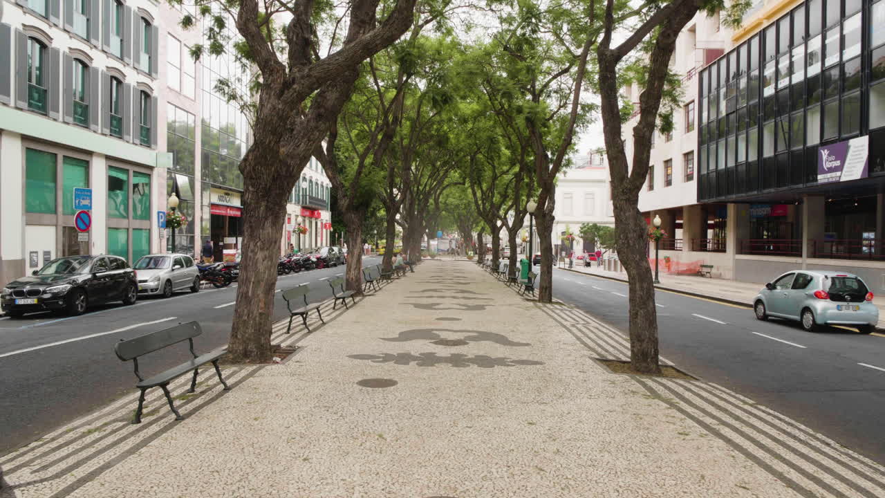 Vacant Park At The Street At Downtown Funchal In Madeira Island, Portugal. aerial