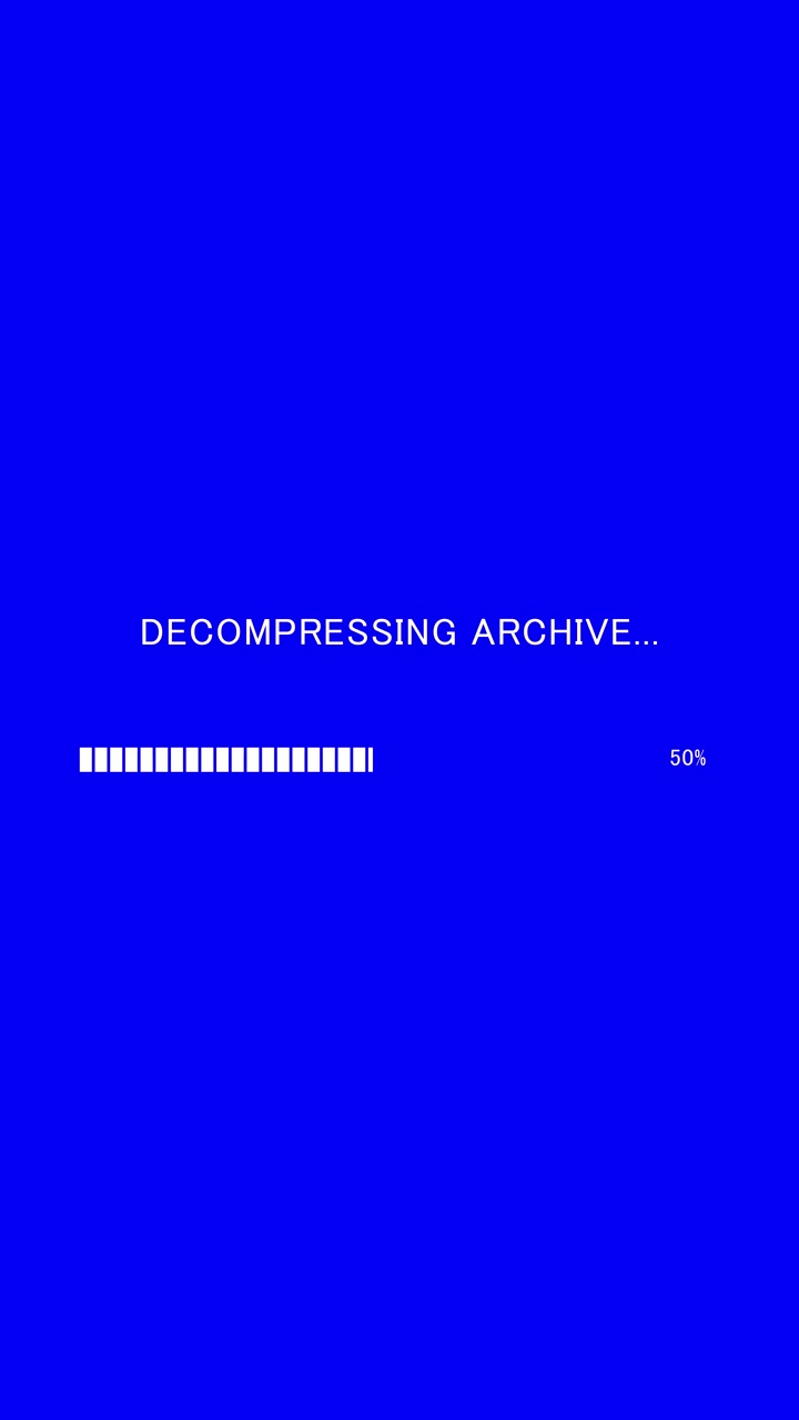 Vídeo vertical de barra de progresso de carregamento com texto na tela 'descompactando arquivo' em fundo azul.