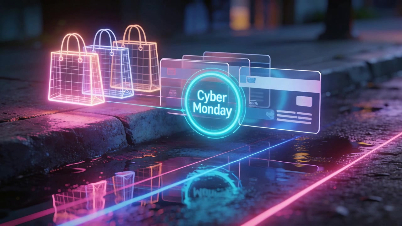 Pulsing cyan Cyber Monday badge promoting card panels sliding on wet night curb, neon bags glowing