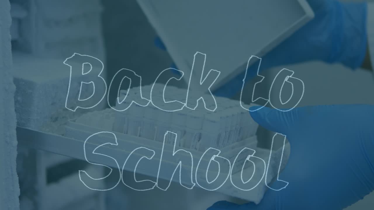 Animation of back to school text over scientist in lab