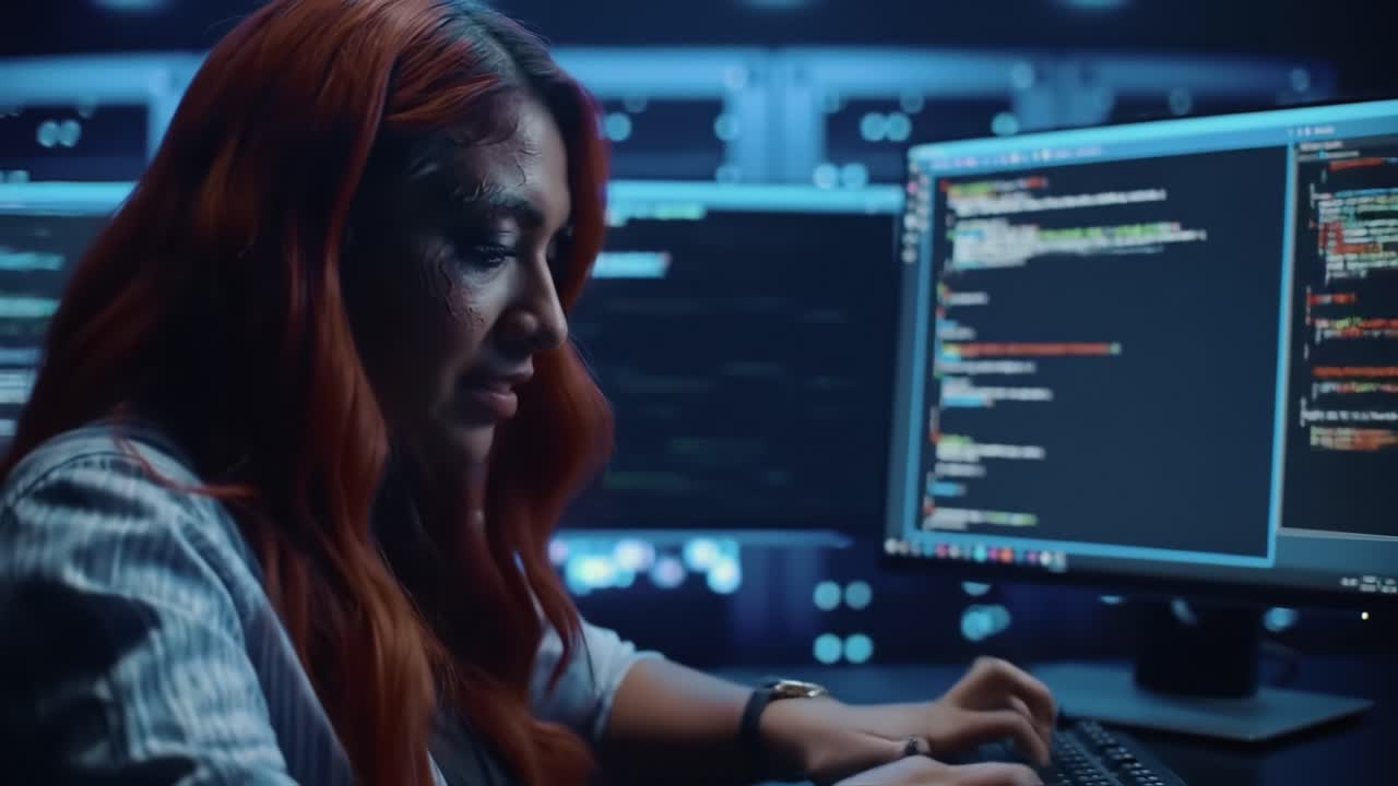 A Focused Programmer Engaged in Coding in a High-Tech Environment, Surrounded by Multiple Monitors Displaying Complex Code and Data