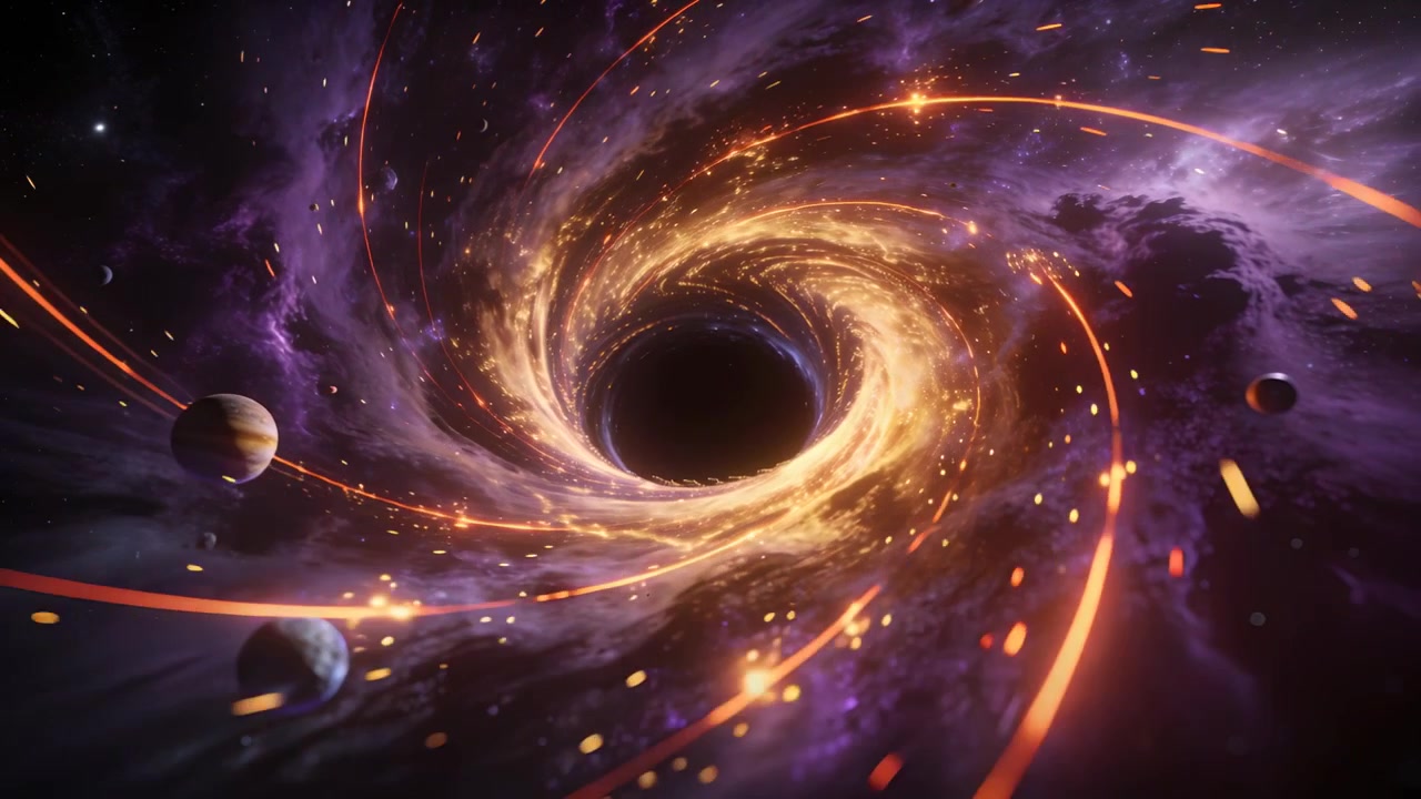 Spiraling black hole void gravity pulling accretion disk and fiery streaks inward in purple nebula