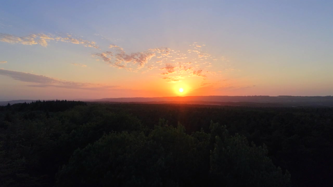 Toma en pedestal sobre un bosque oscuro al atardecer resplandeciente con cielo naranja y horizonte.