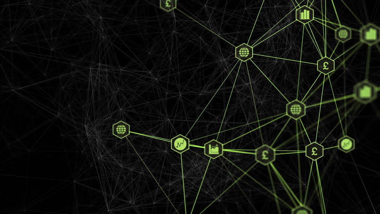 video compuesto digital de una red de conexiones con iconos que se mueven contra un fondo negro