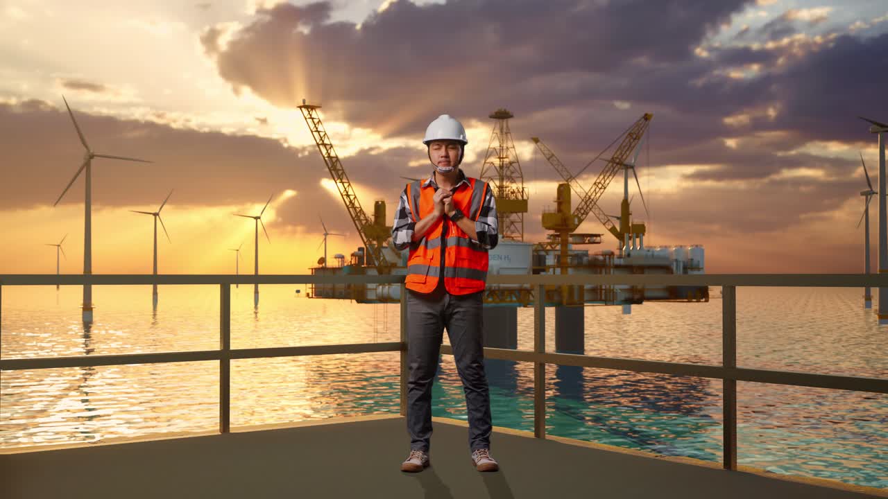 cuerpo lleno de ingeniero masculino asiático con casco de seguridad rezar por algo mientras está de pie con la producción de hidrógeno en alta mar