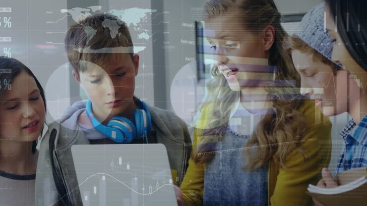 Animation of financial data processing diverse students with female teacher in classroom