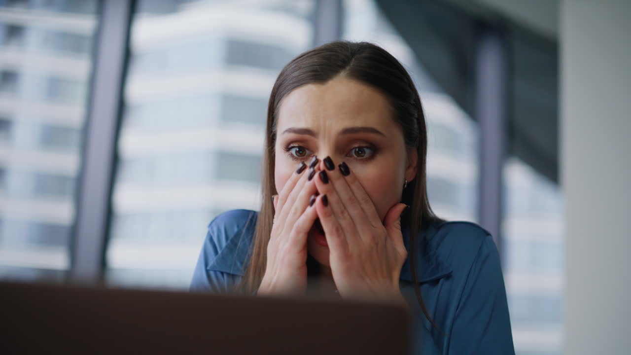 Manager solving work tasks at corporate workplace closeup. Happy businesswoman