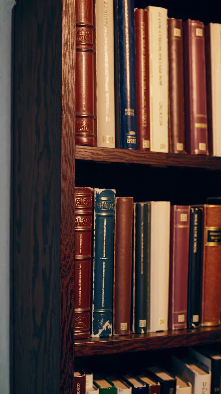 A close-up video shot of a vintage bookshelf filled with assorted classic books