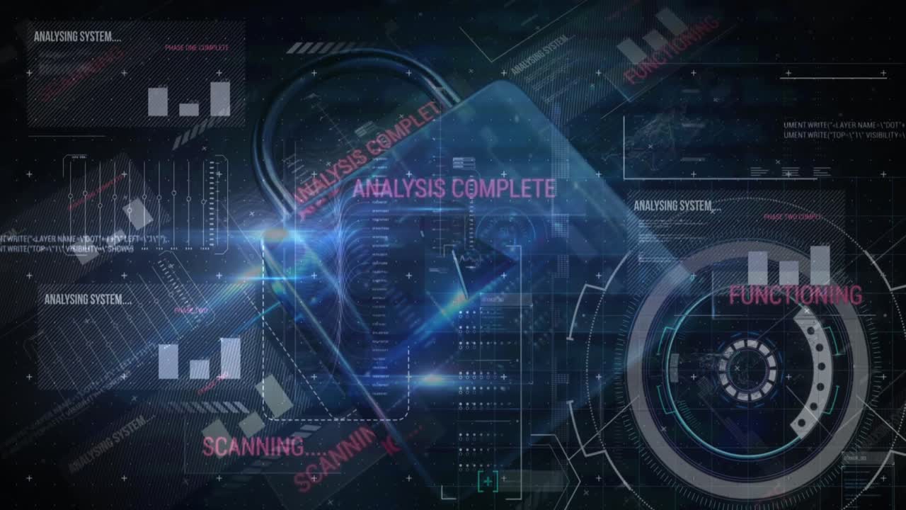 Animation of security padlock and data processing over navy background