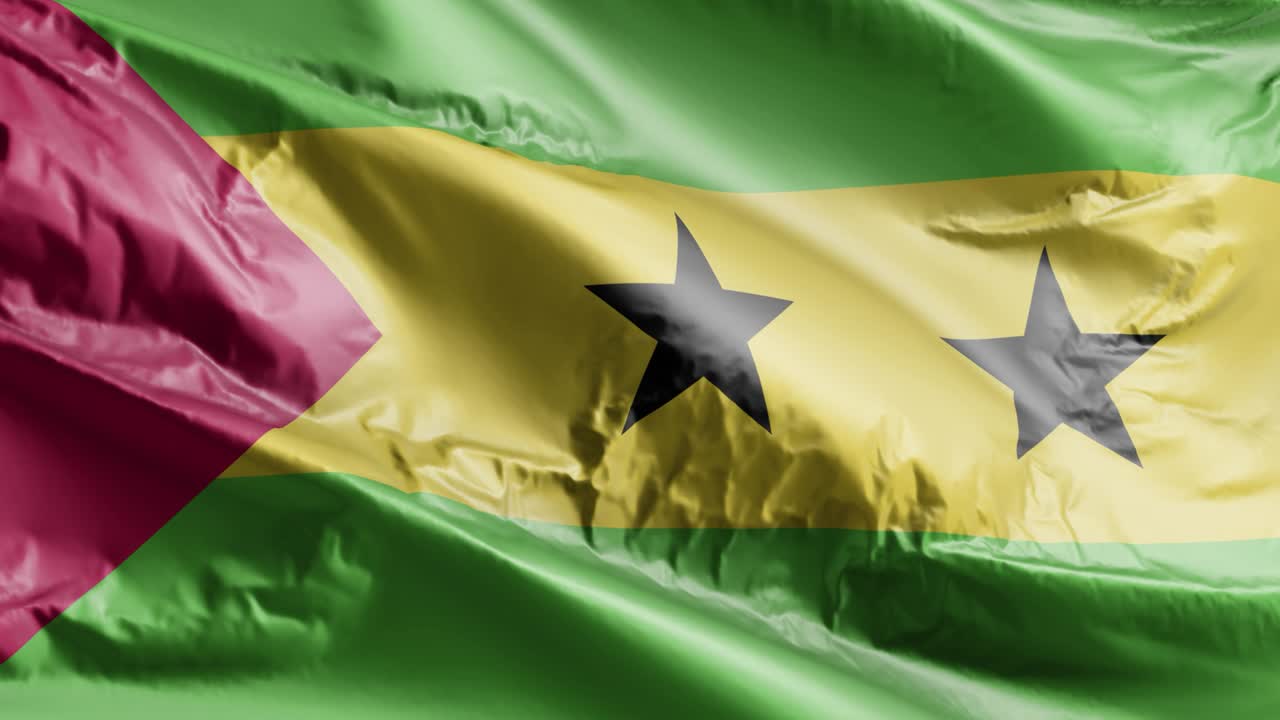 la bandera de sao tome y principe ondeando en el bucle del viento. la bandera de sao tome y principe balanceándose en la brisa. fondo de relleno completo. bucle de 10 segundos.