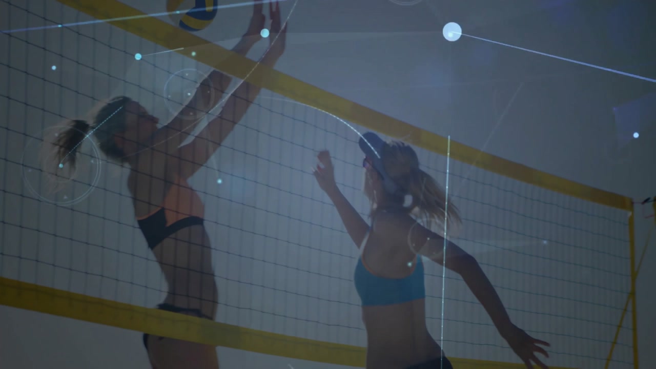 Playing volleyball, women jumping at net with network connections animation over