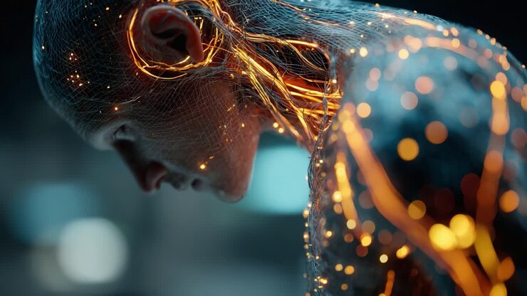 An Ethereal Manifestation of Futuristic Human Anatomy Transformed with Luminous Energy Veins and Intricate Neural Patterns in a Striking Digital Art Display