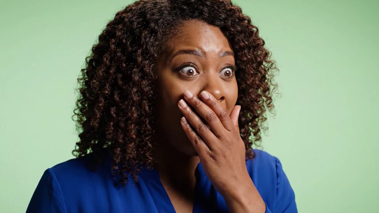 A Captivating Moment of Emotional Expression: A Woman's Surprised Reaction Captured in Stunning Green Backdrop