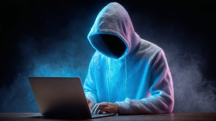 Una figura misteriosa con una felpa con cappuccio impegnata in attività digitali, circondata da un alone mistico, che mette in risalto il fascino della cultura cibernetica e della tecnologia moderna