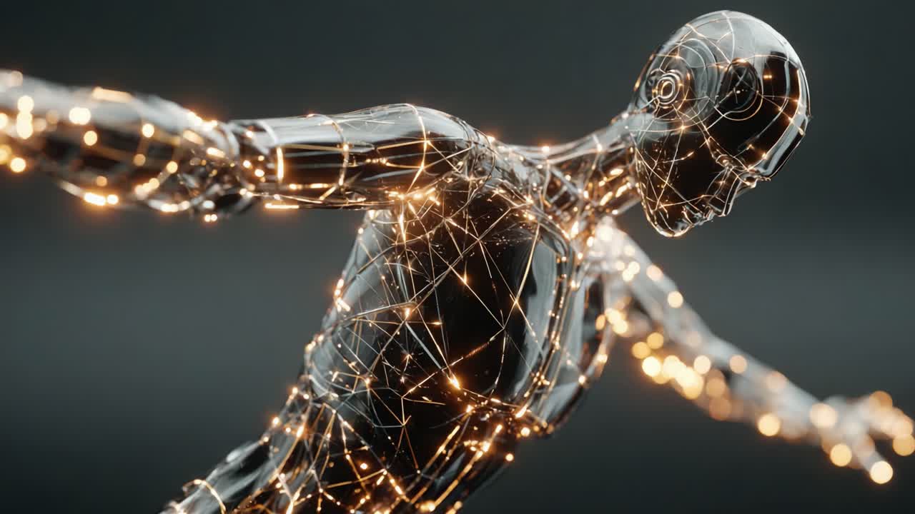 A Dynamic Representation of an Abstract Humanoid Figure Illuminated by a Network of Lights, Showcasing the Fusion of Technology and Art in Motion