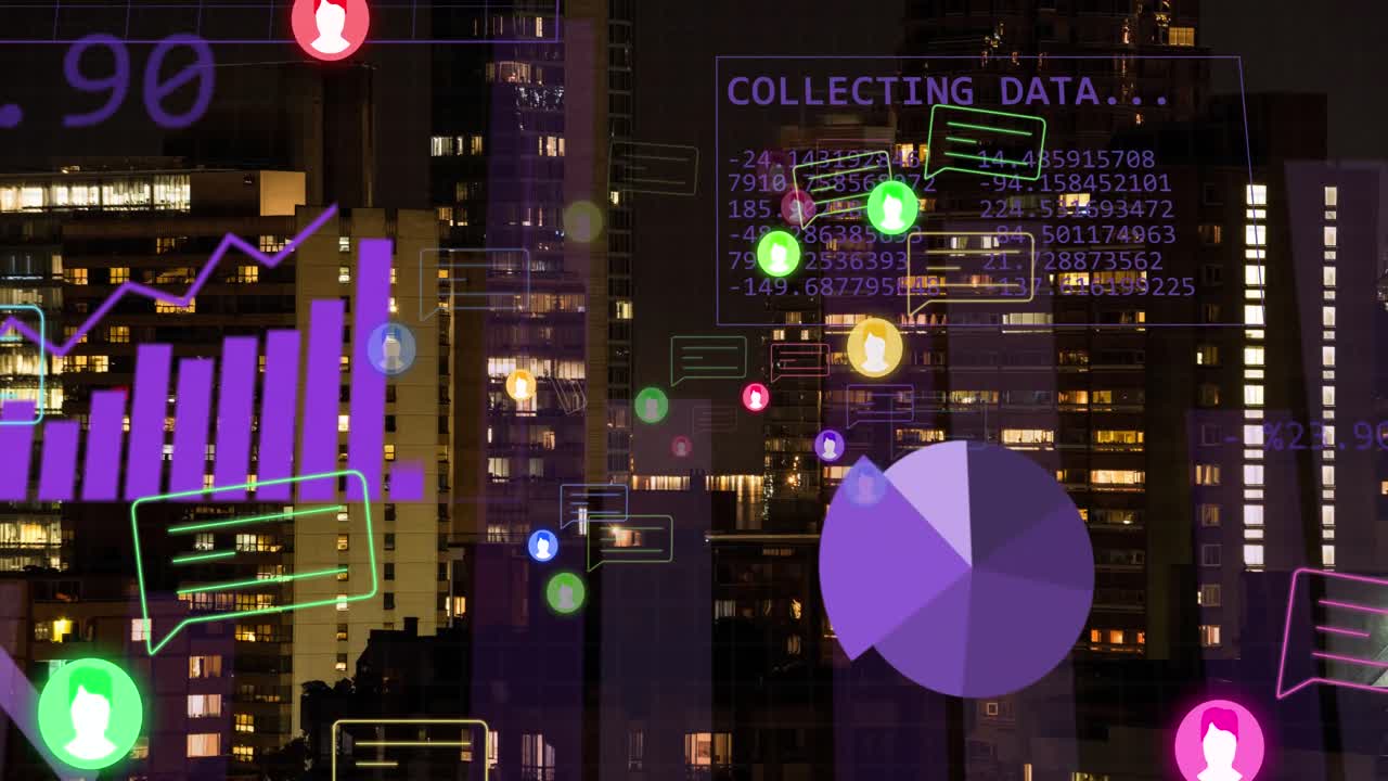 Animation of financial data processing over cityscape