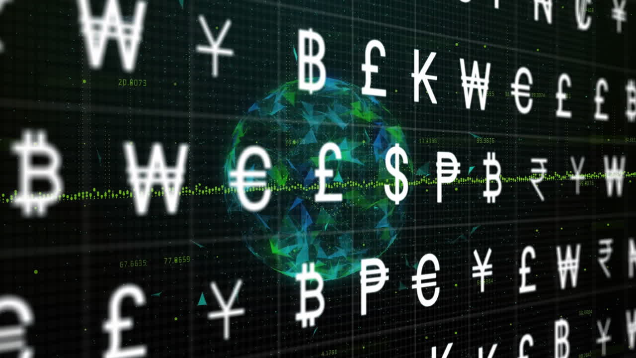 검은색 바탕에 전 세계에 있는 통화 기호의 애니메이션