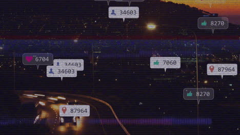 animación de iconos y números de redes sociales sobre el paisaje urbano en la pantalla con líneas de fallo