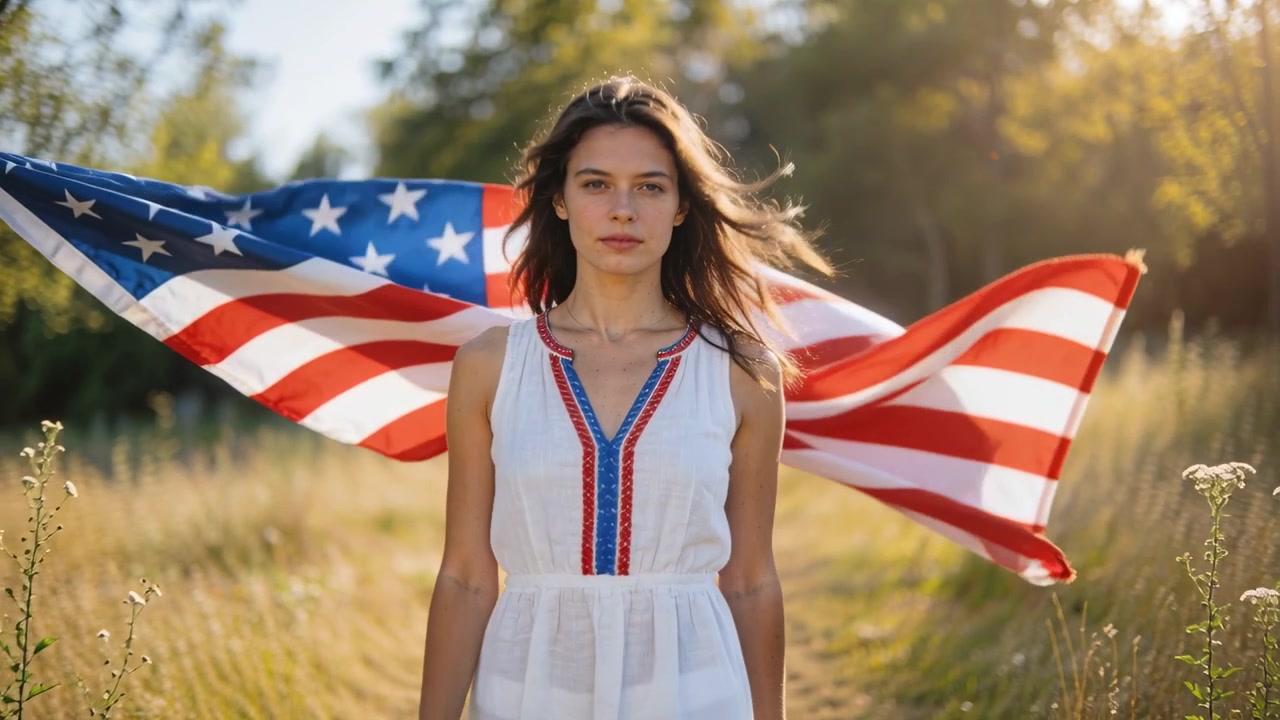 Walking woman posing toward camera in white dress along field trail, breeze lifting American flag