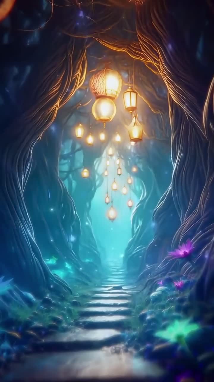 Sentiero di foresta fantasy con lanterne luminose e vivaci fiori magici