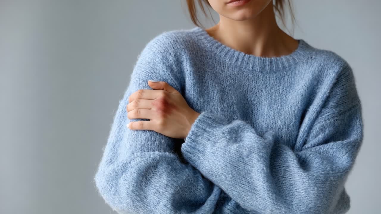 A Thoughtful Woman in a Soft Blue Sweater, Gently Embracing Herself, Captured in Two Moments Portraying Introspection and Subtle Emotion