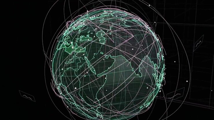 On update wire globe rotating view orbiting nodes pulsing to show network on transparent background