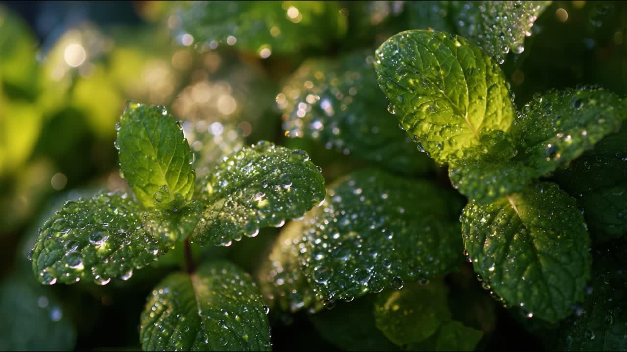 Lush Green Mint Leaves Drenched in Dew Drops Illuminated by Soft Morning Light, Showcasing Nature's Freshness and Vibrancy in Every Detail
