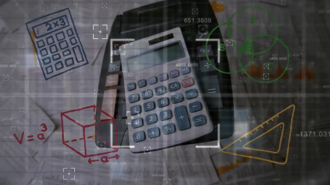 animación de iconos de artículos escolares y calculadora sobre fondo blanco